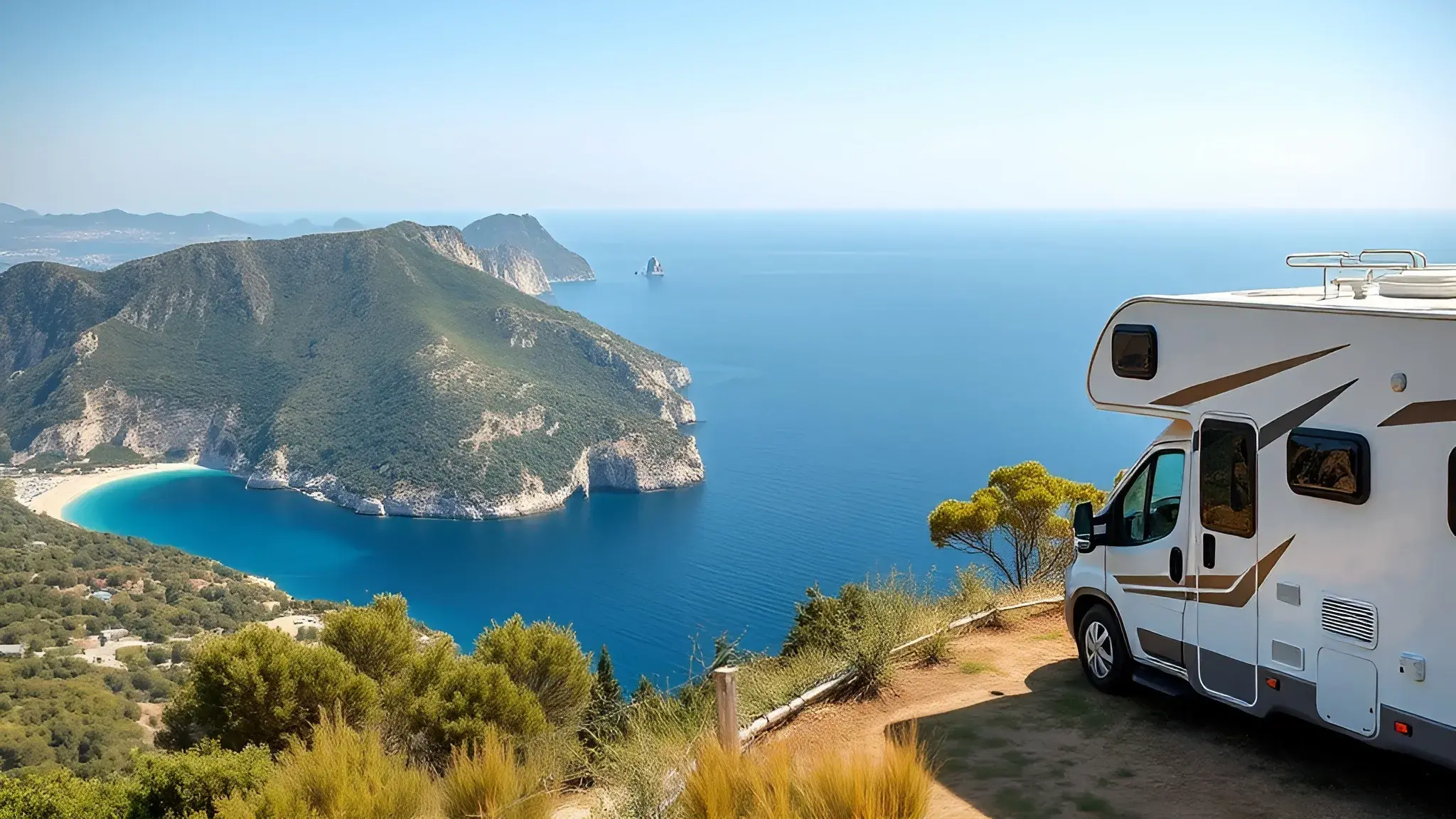 wynajem kamperów, kamper na tle widoku